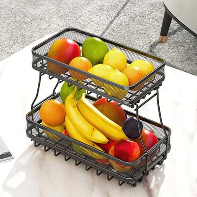2 Tier Fruit Storage Basket Kitchen Countertop Organizer with Bold Carbon Steel Wire Mesh Bowl for Bread   Vegetable