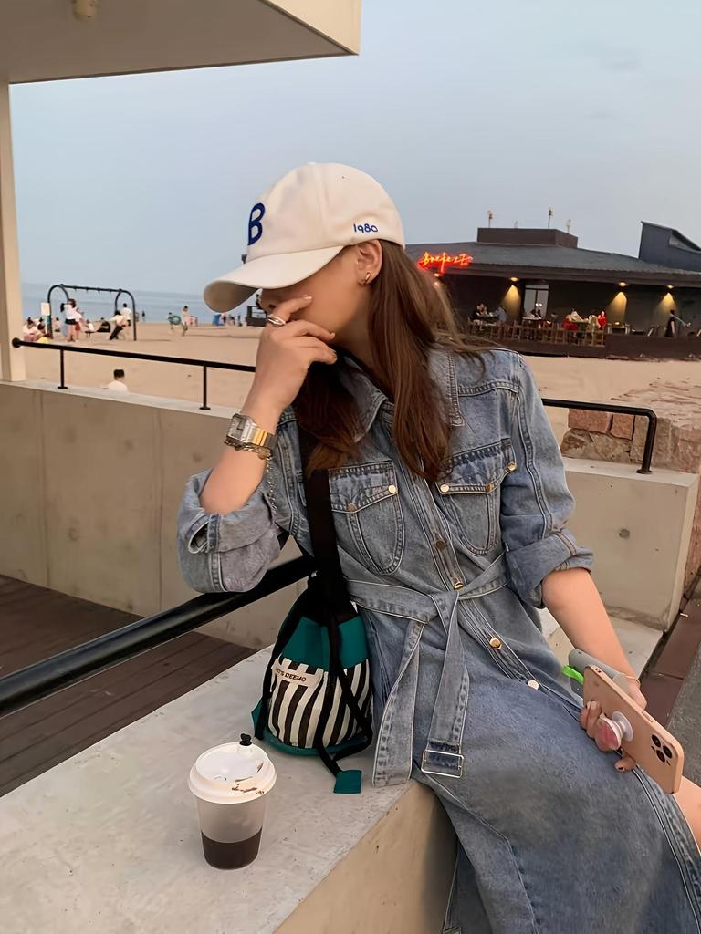 Women's Denim Dress: Spring/Autumn Long Sleeve Tie-Up Skirt with High-End Mid-Length Slit - 39315