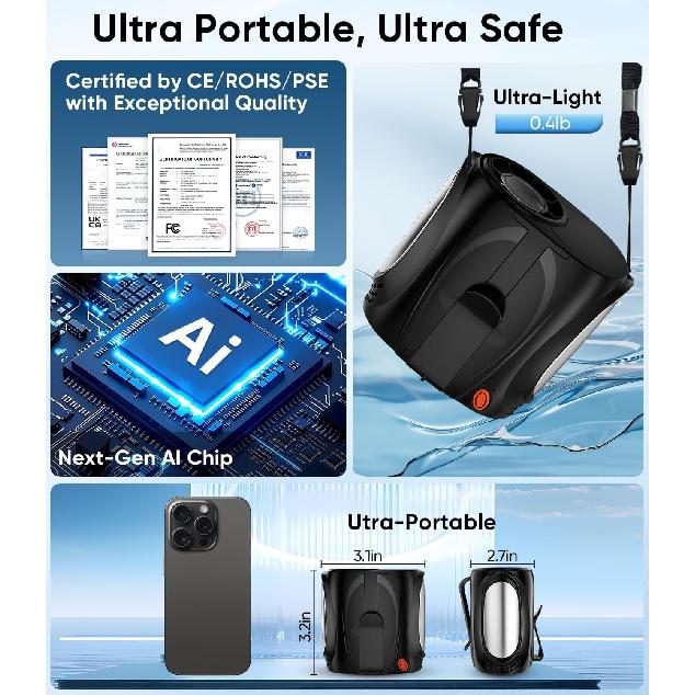 AI Portable Waist Fan, 6-Speed 16000RPM Strong Turbo Airflow, 40H Max Cooling Battery Powered Personal Fan Rechargeable, Hands-Free Shirt/Belt/Neck