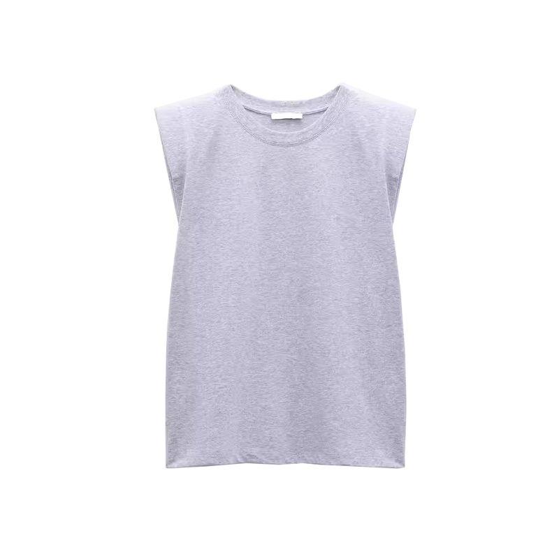 Spring New Women's Clothing Fashion Trendy Cool Easiest for Match Round Neck Sleeveless Padded Shoulder Decorative T-shirt 0858030 0858034