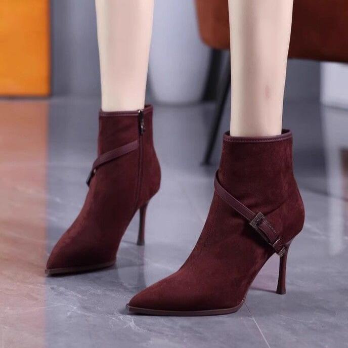 Temperament socialite style pointed suede burgundy high-heeled short boots women's 2025 autumn and winter rhinestone belt buckle thin heel thin boots
