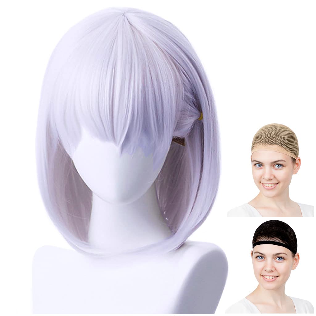 CaseEden Cosplay Wig, Short Bob, 30cm, Heat-Resistant, Purple-Silver, with Two Wig Nets