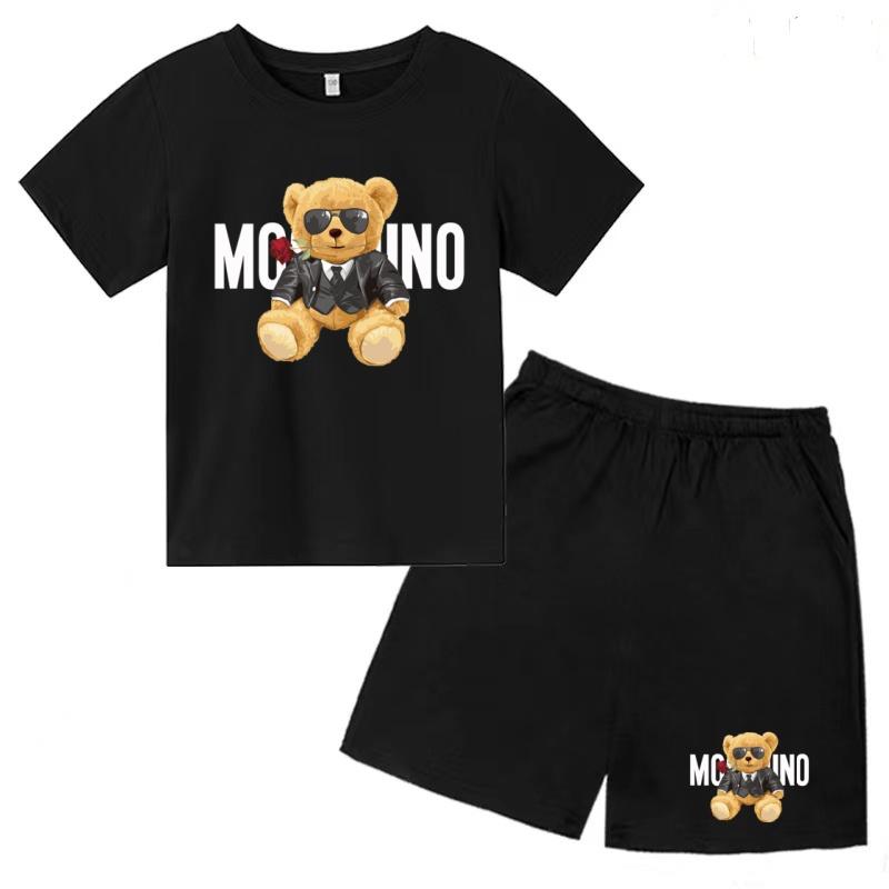 Children Summer Charming Rose Letter Bear Print T-shirt+Shorts Set Boys Girls Casual Toddler Sports First Choice Clothes 110