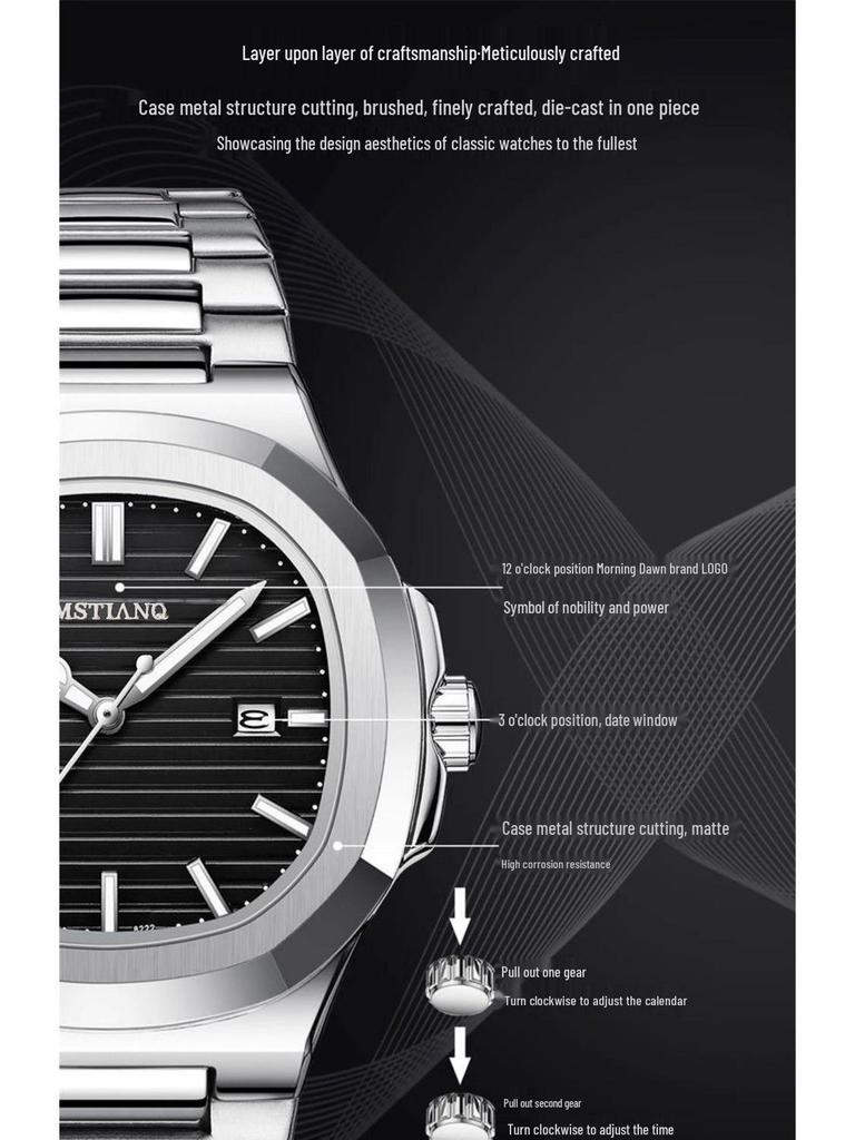 Orologio al quarzo luminoso in stile svizzero - Impermeabile, Cinturino in acciaio, Funzione calendario, Design business unisex.
