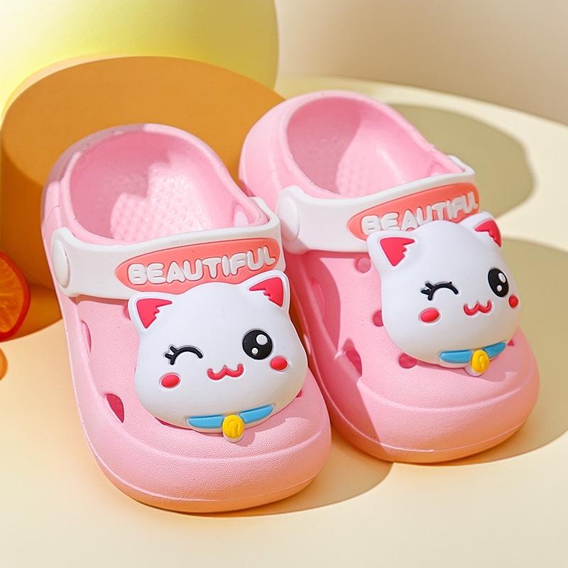 Non-slip soft-soled cute cartoon kitten children's slippers, summer closed-toe baby clogs, girls' outdoor sandals