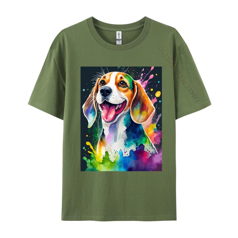 Beagle Dog Art Splash Colorful T Shirt Mens Pure Cotton Cute Style TShirts Crew Neck Tees Clothing Streetwear