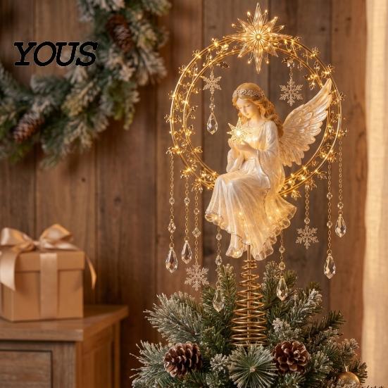 Rustic Holiday Tree Decor Lighted Memorial Christmas Topper, Angel Red Bird Reindeer Designs Treetop Ornament Party Ornaments with Warm Glow