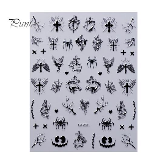 Easy Application Nail Wraps Halloween 3D Embossed Stickers, Skeleton Hand Pumpkin Spider Bat Fingertip Art Decals, Gothic Manicure Decoration
