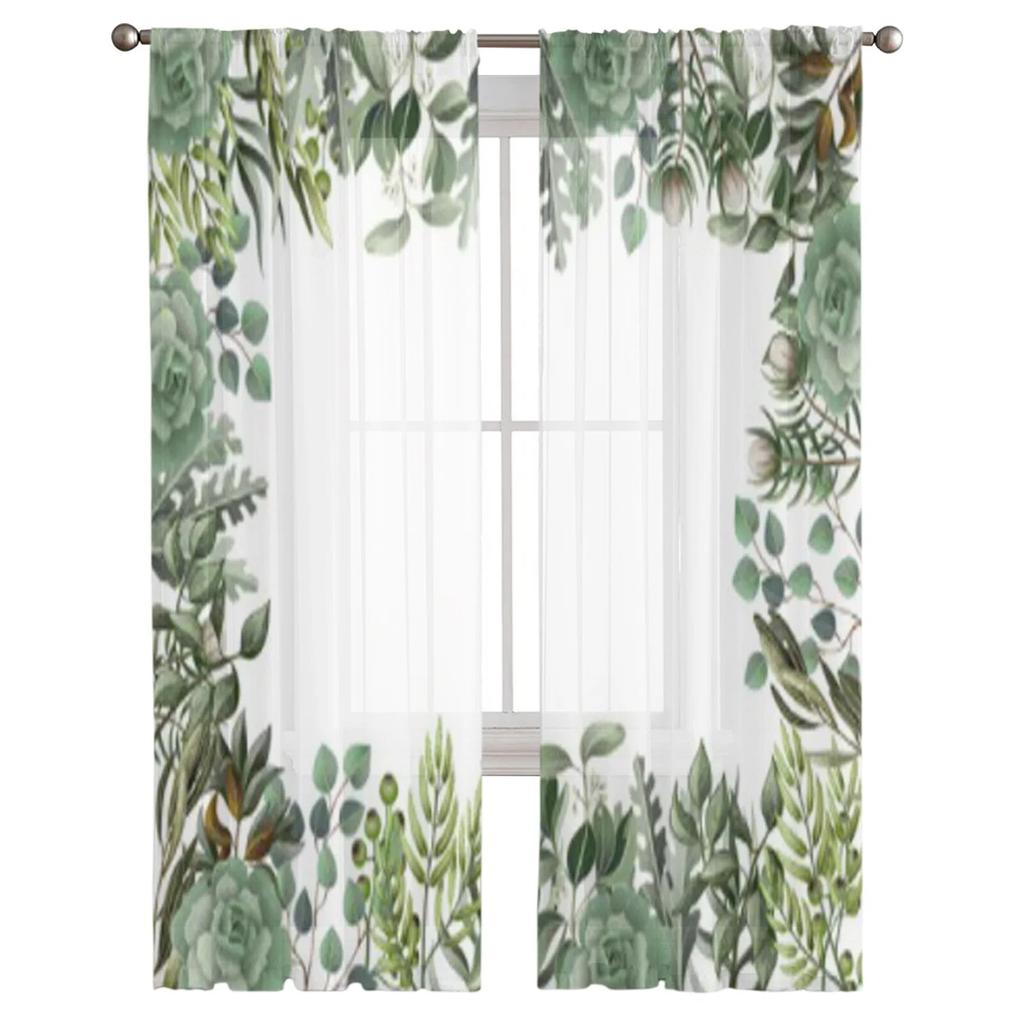 Leaves And Succulent Watercolor Style Sheer Curtains For Living Room Kids Bedroom Tulle Curtains Kitchen Window Treatment Drapes