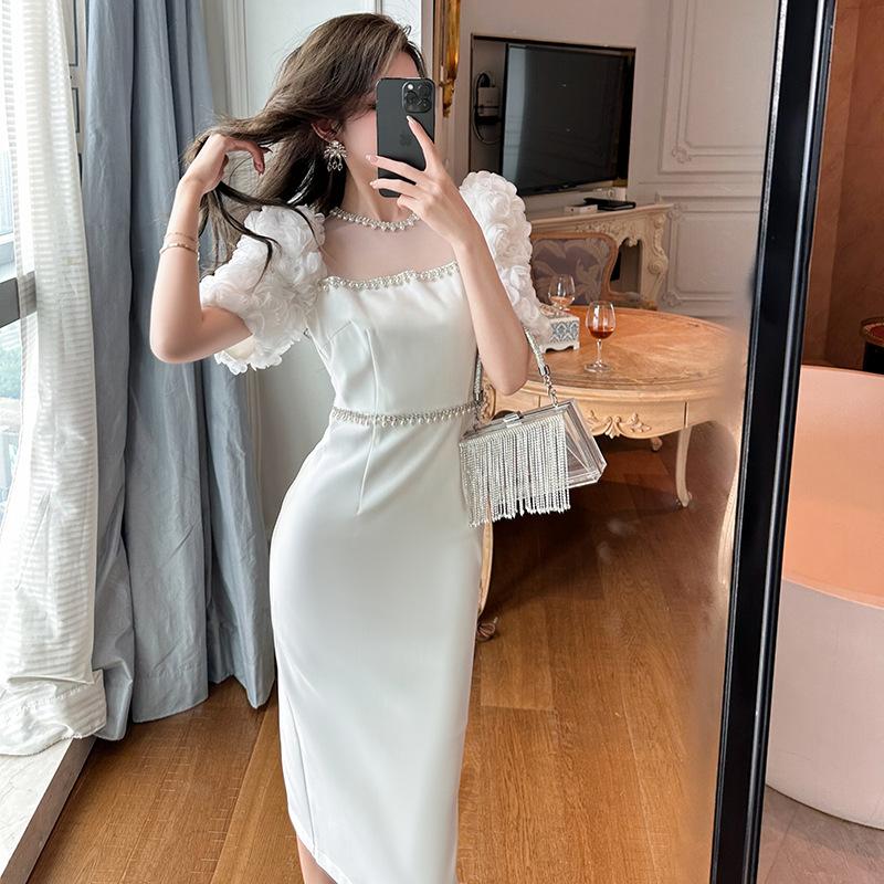 GMXIA Dress Dress Summer Socialite Design Sense Round Neck Beaded White Slim-fit Long Dress