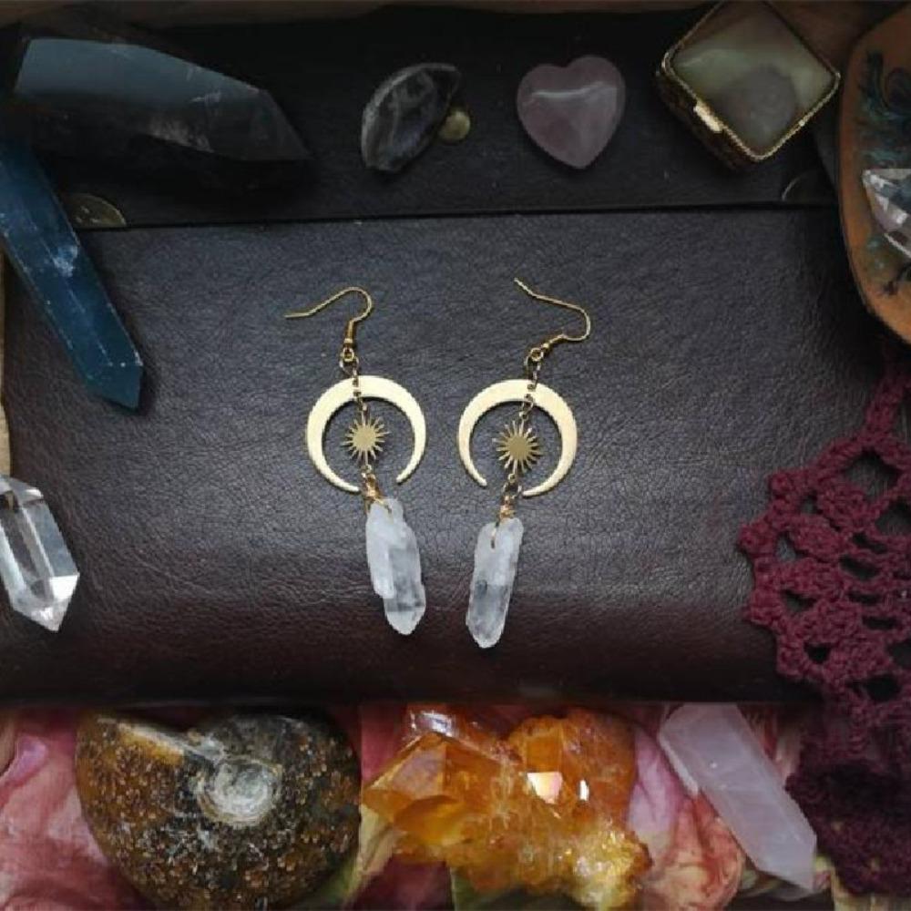Retro Exquisite Stainless Steel Gold Color Sun Moon Natural White Crystal Stone Dangle Earrings for Women Jewelry Accessory Gift