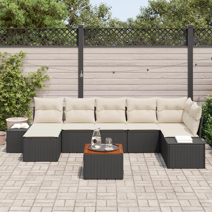 VidaXL Set de salon de jardin 8 pièces avec coussins Noir Poly Rattan Acacia 3347985