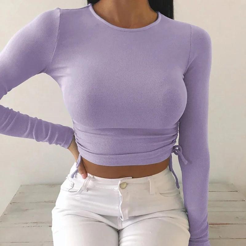 Women Crop Top Irregular Slim Fit Side Drawstring Long Sleeved T-shirt