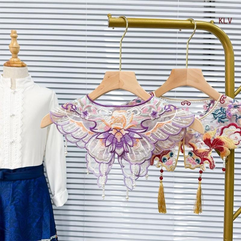 Embroidered Lace Floral Pattern False Collar with Pearl Beads Universal Removable Collar Sweater Shirt Collar for Women