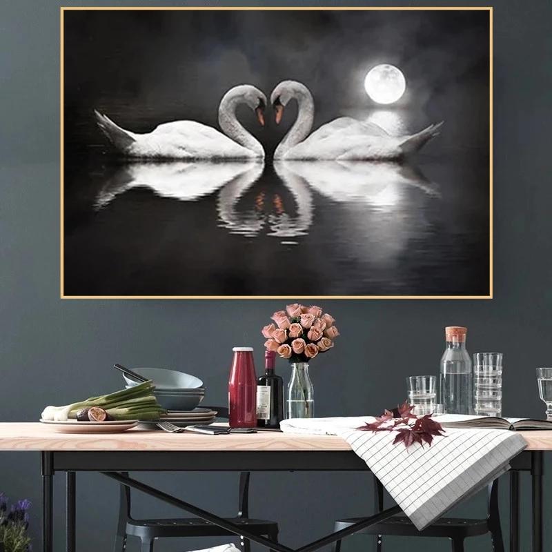 Night Lake Swan Love Picture Canvas Painting Posters and Prints Modern Wall Art Bedroom Bedside Living Room Home Decoration