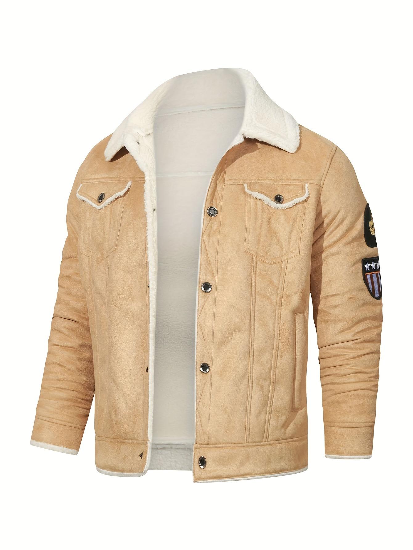 

Мужская куртка из искусственной кожи - флисовая термоодежда на пуговицах для зимы Мужская одежда - искусственная кожа и флис - идеально подходит для холодной погоды XL хаки