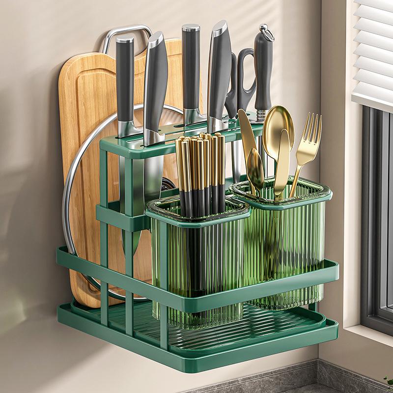 Wall-Mounted Multifunctional Cutlery Rack: Integrated Chopstick Holder & Knife Organizer with Drainer