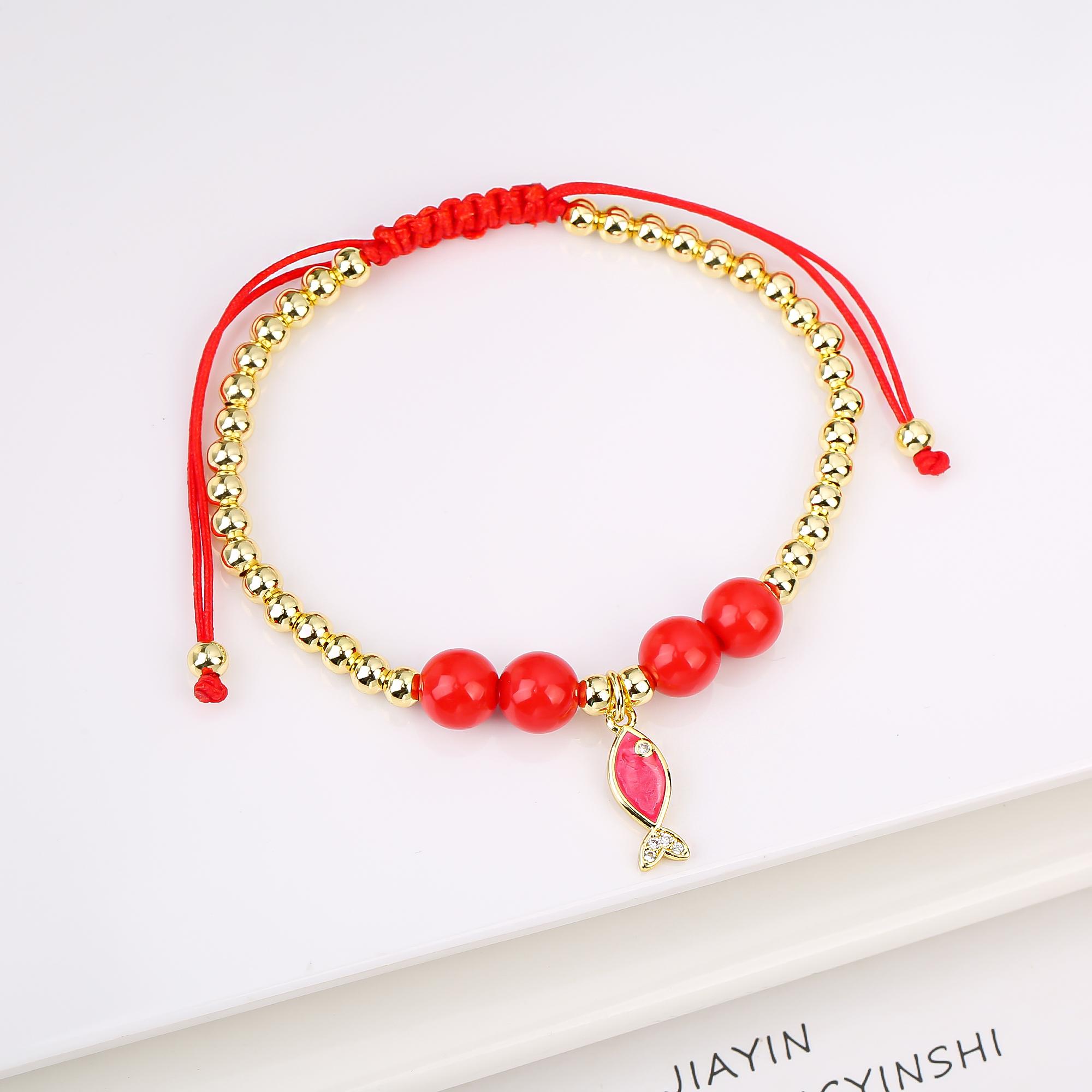 

Lucky Red Rope Braided 4mm Copper Bead Fish Pendant Charm Bracelet New Fashion Woman Girl Party Wedding Zircon Gift красный