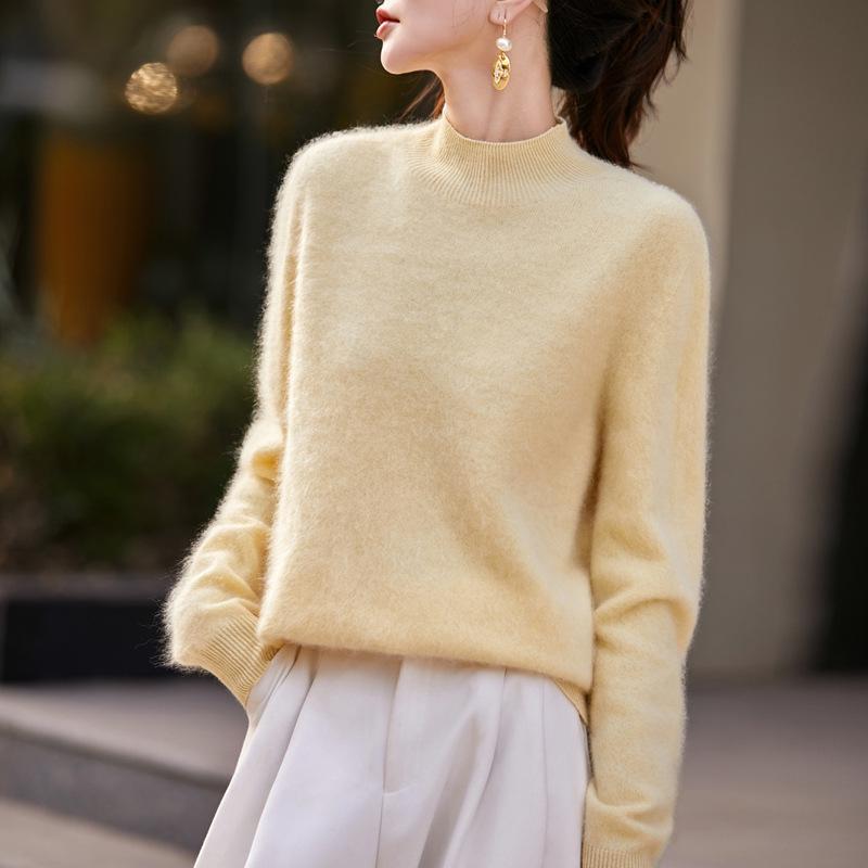 Milk Huhu Women's Solid Color Half-High Collar Wool Knit Sweater - Lazy Style, Brushed Fleece for Autumn/Winter