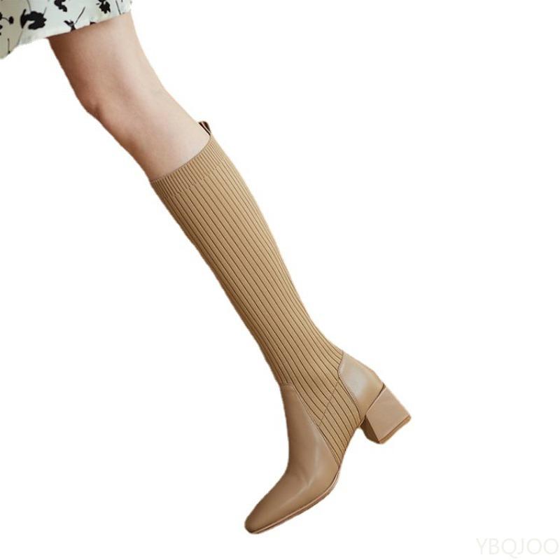Socks boots elastic retro women's autumn winter thick heel mid heel knit simple comfortable temperament women's long boots