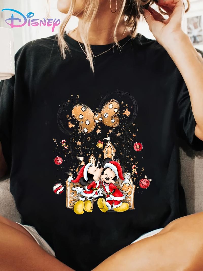 Trendy Casual Short Sleeve Printed Mickey and Minnie Christmas Unisexs TShirt Cute Cartoon with Snowflake Candy Bar and S