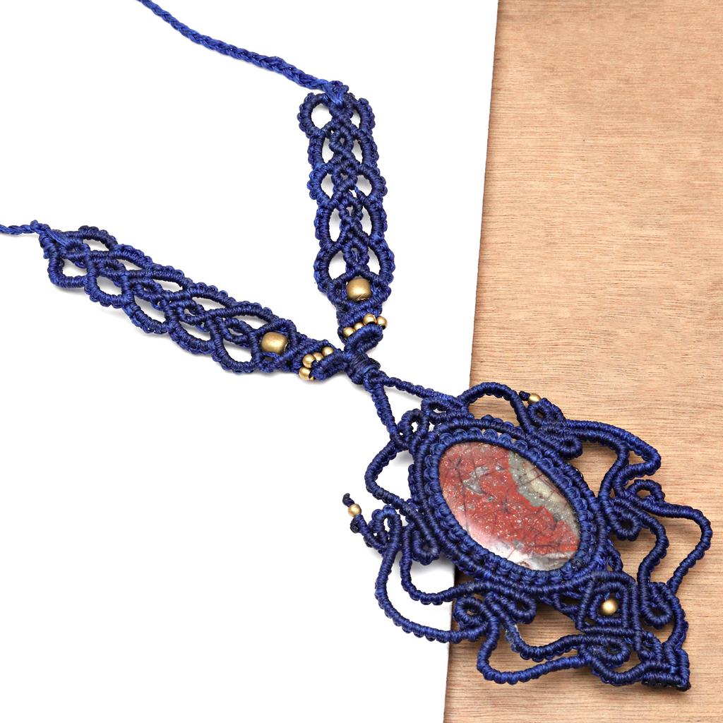 Macrame Red Necklace Jasper Crystal Pendant Handmade Natural Thread Bohemian
