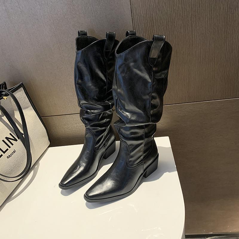 Retro Pointed Toe Pleated Women Western Cowboy Concise Thick Heels Female Slip on Long Booties De Muje