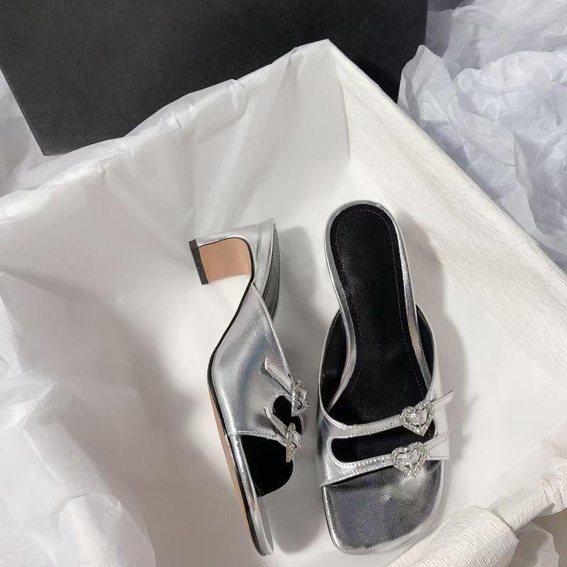 Rhinestone Love Square Head One-word High-heeled Slippers Fairy Open-toed High-heeled Shoes Temperament Thick-heeled Sandals 2025 Summer