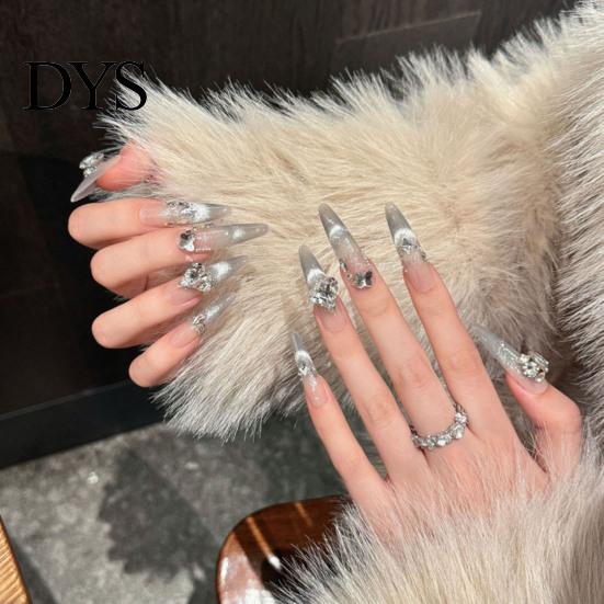 Wedding Manicure Tips 10 Pcs Press On Nails, Pink Fake Nails Full Kit, Reusable Glitter False Natural Look Glue with Rhinestones, Cover Stick