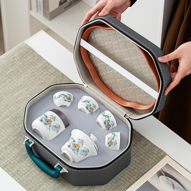 Light luxury tea set, household set, travel kung fu souvenir, rime pavilion, portable tea tray, business outdoor portable tea set