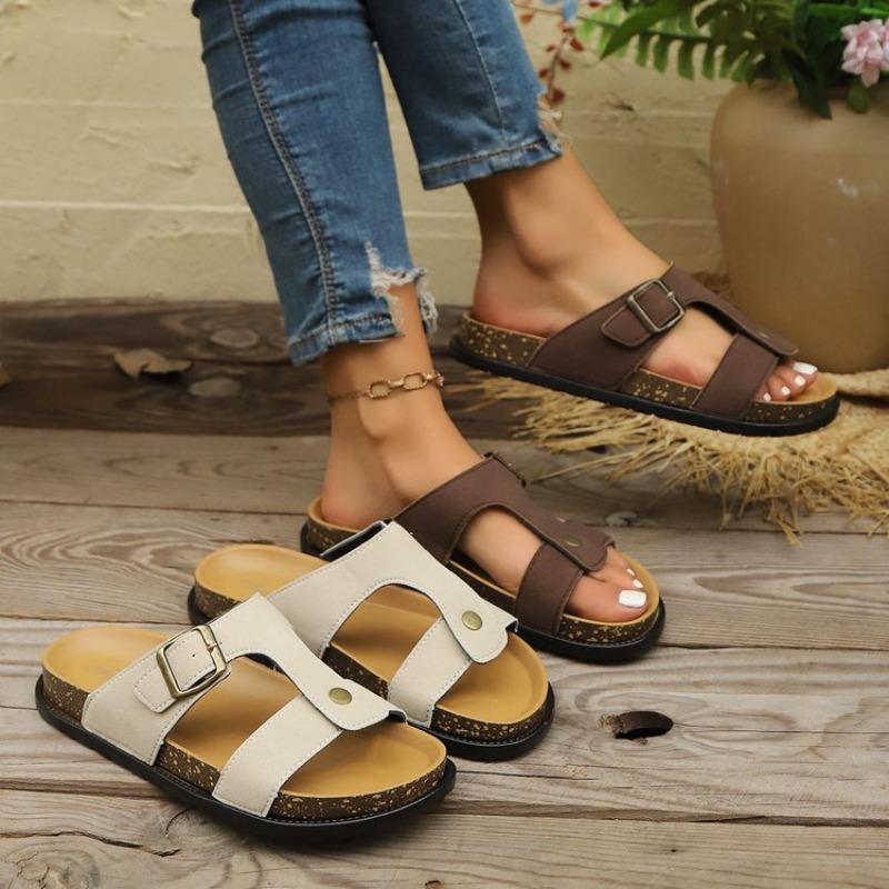 Fashion Ladies Shoes 2025 Hot Sale Open Toe Women's Slippers Summer Buckle Solid Outdoor Casual Beach Flat Slippers Zapatos De Mujer