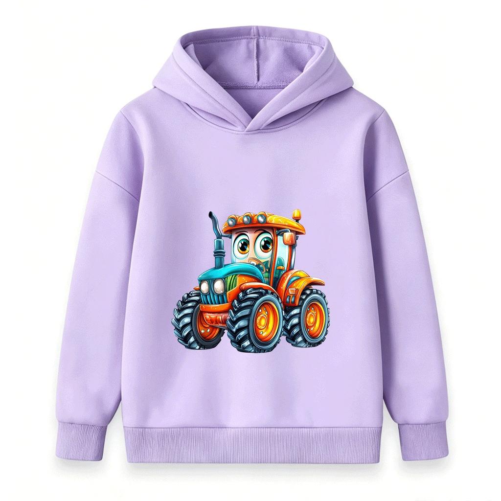 Kids Cartoon Tractor Print Hoodie Boys Girls Casual Long Sleeve Pullover Sweatshirt Cute Vehicle Pattern Children Top Coat
