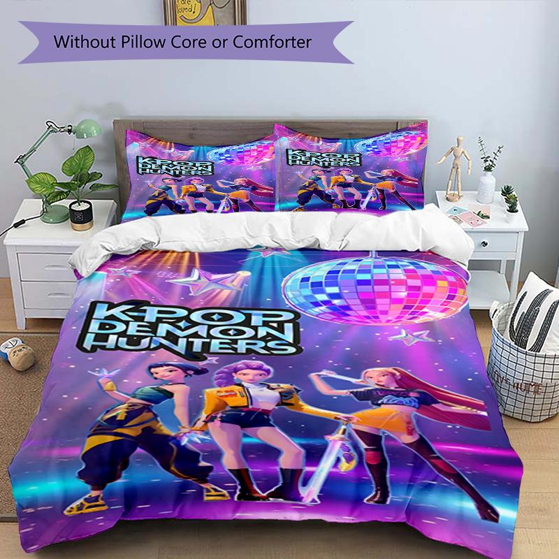 3pcs Duvet Cover Set (1*Duvet Cover + 2*Pillowcase, Without Core),KPop Demon Hunters Print Bedding Set, Bedroom Decor, All‑Season, Birthday Gift