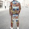 Men Vintage Star Stripe Print Long Sleeve Sweatshirt Drawstring Cuffed Jogger Pants Two Piece Streetwear Suit