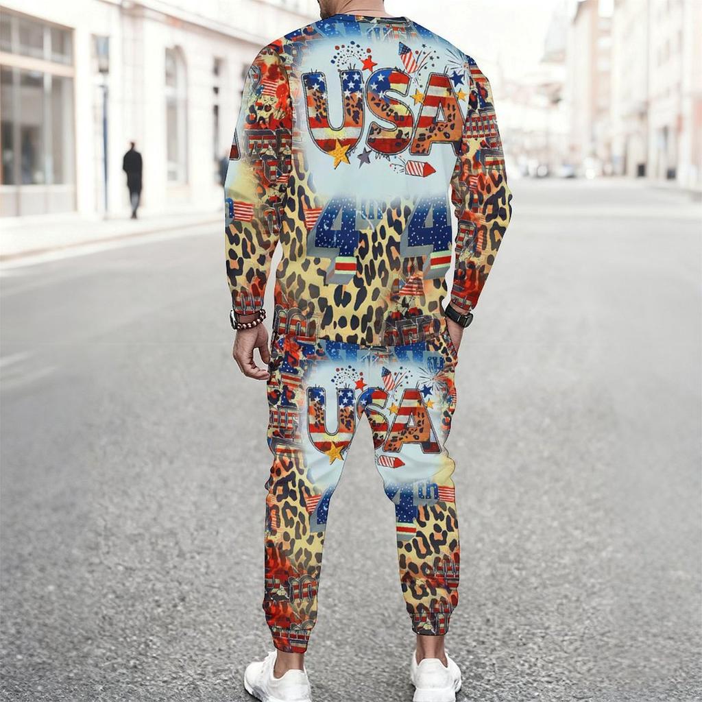 Men Vintage Star Stripe Print Long Sleeve Sweatshirt Drawstring Cuffed Jogger Pants Two Piece Streetwear Suit