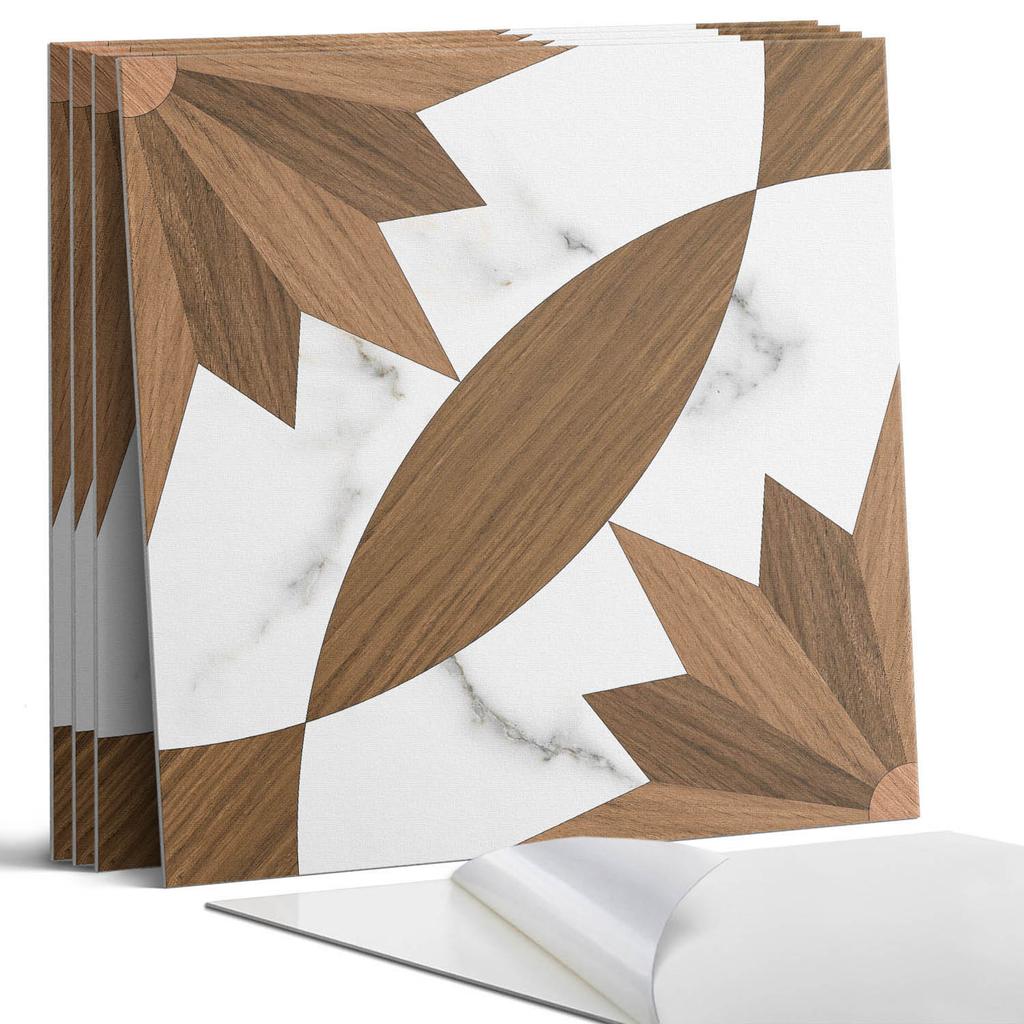 Naklejane Kafelki Z Grafiką Do Przedpokoju Winylowe Wzór Geometryczny Z Drewnem 4X50X50 Cm