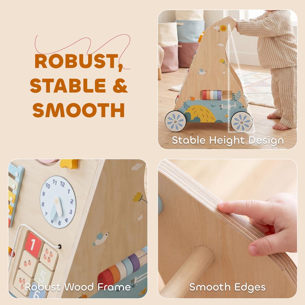 Wooden Baby Walker Detachable Double-Sided Board Wheels Natural