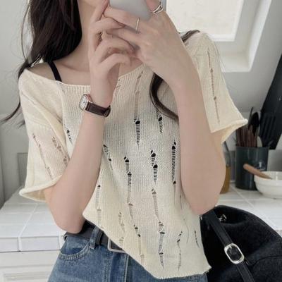 Pulover Tricotat din Mătase de Gheață cu Găuri Decupate pentru Femei Vara Stil Larg și Subțire Top Chic cu Mânecă Scurtă la Modă