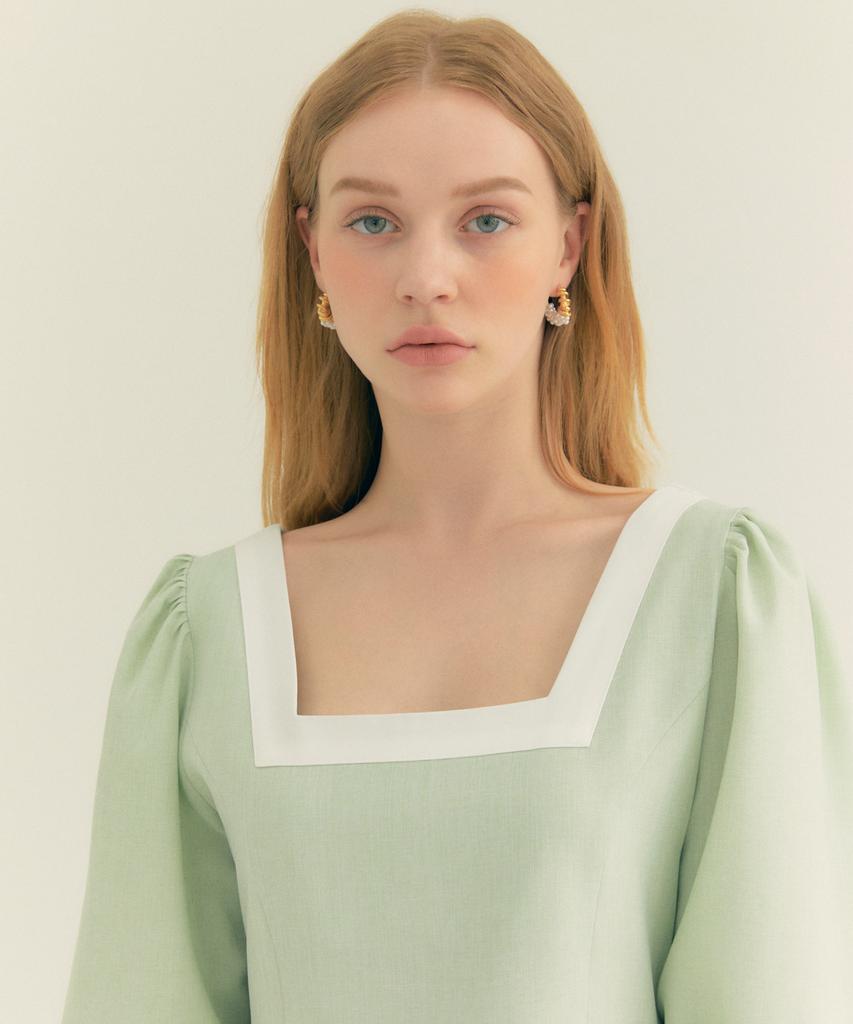 Fry Height Contrast Square Neck Pleated Dress Mint