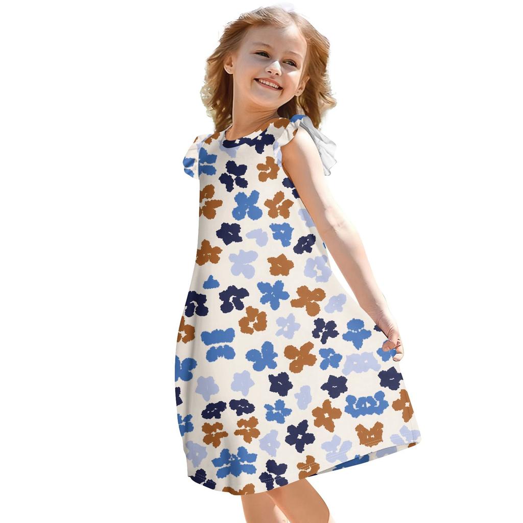 Children's Flying Sleeve Round Neck Summer A-Line Casual Holiday Floral Print Loose Dress