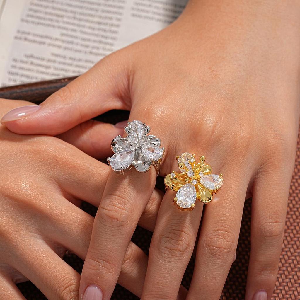 18k Gold Plated Zircon Flower Open Ring - Luxury European & American Style Index Finger Ring