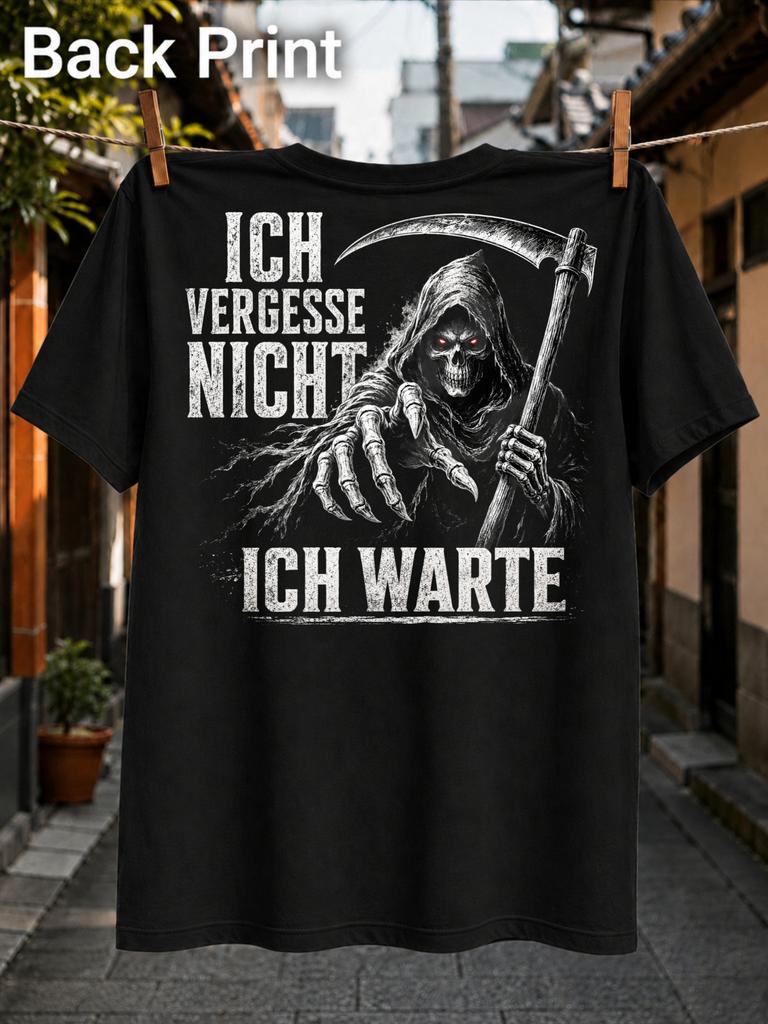 Grim Reaper I Never Forget I Wait Red Eyed Skeleton Reaching Hand And Scythe Artwork Distressed Unisex All Tshirt