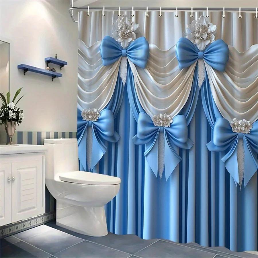 Opulent Blue Satin Bows Shower Curtain - Floral Embellishments, Cream Backdrop, Flowing Design, Bridal Showers & Fashion Decor