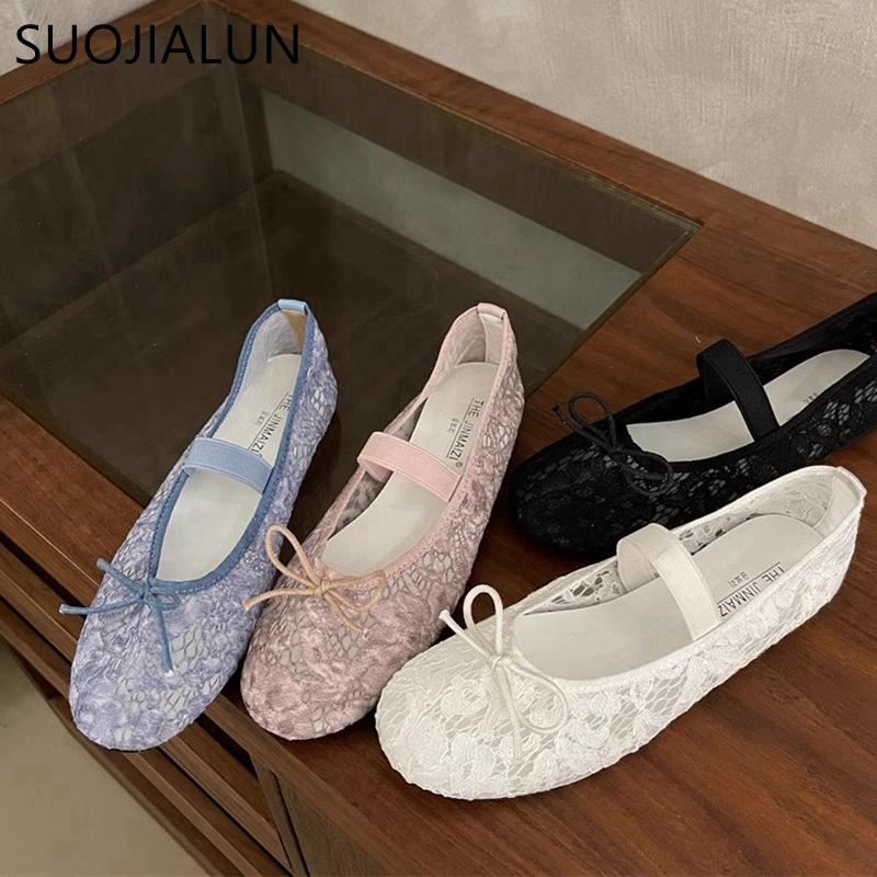 Fashion SUOJIALUN 2025 Spring New Brand Women Flat Shoes Fashion Lace Ladies Elegant Ballerina Shoes Round Toe Soft Flat Single Shoes