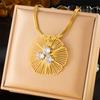 Gold Herringbone Necklace with Openwork Flower Pendant and Crystal Accents for Women