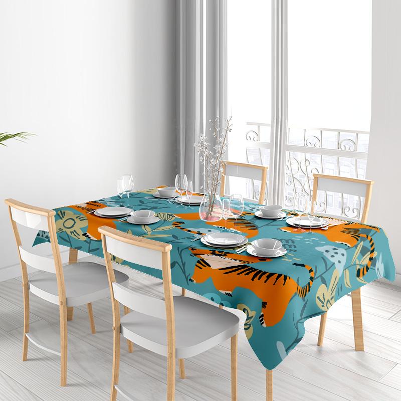 Vibrant Tiger Floral Dining Tablecloth Home Decor with Blue, Yellow, Orange Colors Trees Design 108x72in/274x183cm Fabric Table