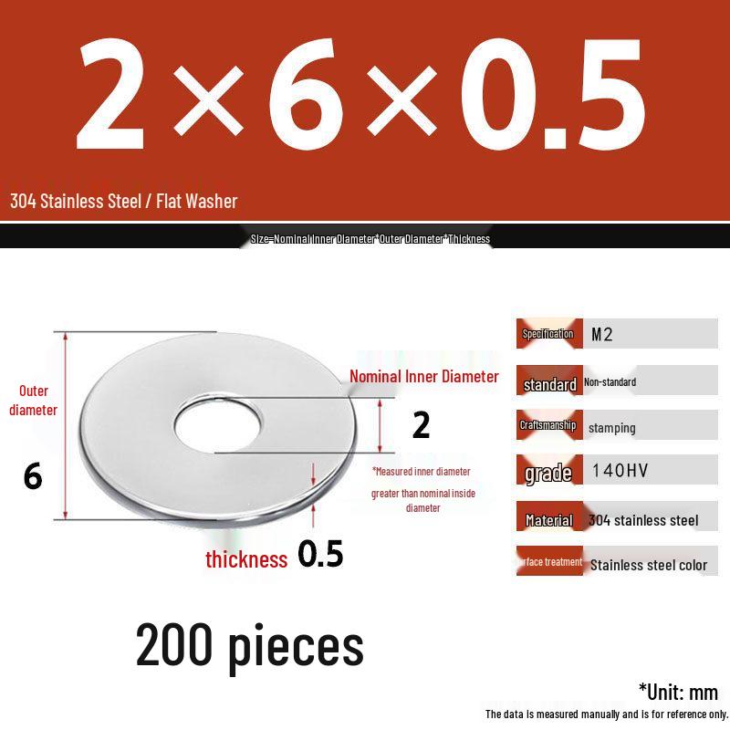304 Stainless Steel Thickened Flat Washer Set, Sizes 2-36