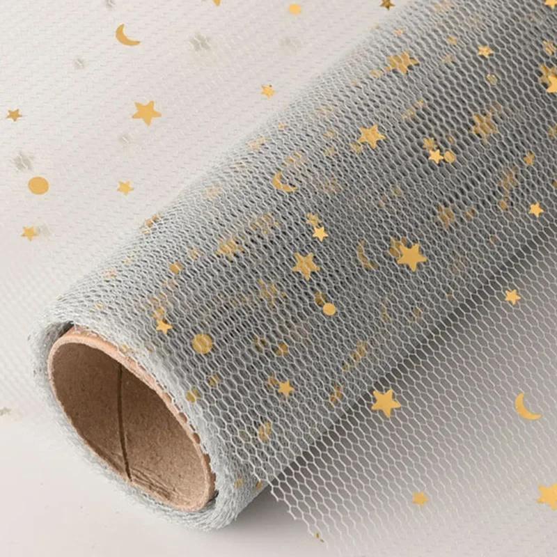 50cm X 5 Yard/roll Star Moon Soft Lace Mesh Wrapping Paper Flower Bouquet Florist Supplies DIY Decor Valentine's Day Gift Wrap