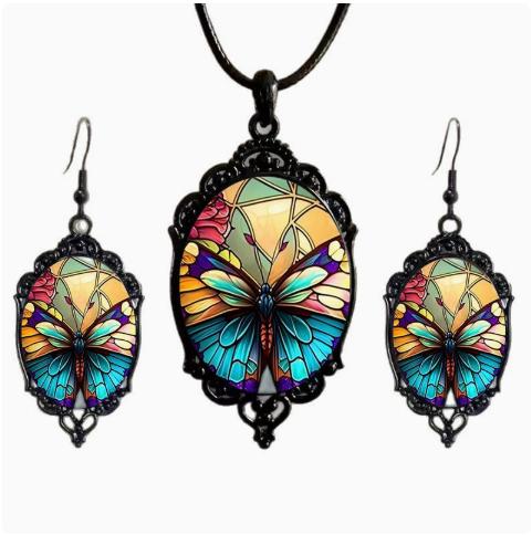 Elegant Glass Pendant Necklace and Earrings Set for Women - 3-Piece Jewelry Gift Set