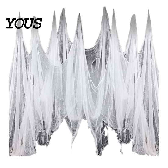 Reusable Halloween Party Decor Gauze Fabric, White/Black Creepy Cloth for Spooky Drapey Scrim Porches Decks Haunted House Decorations, Indoor Outdoor